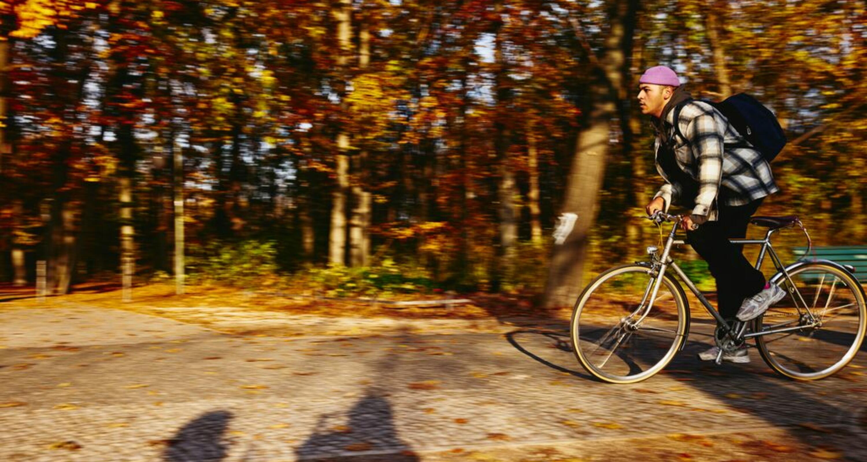 Cycling man, autumn trees on the background.