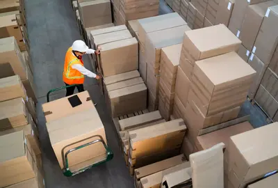 Aerial view of a logistic warehouse worker delivering boxes on a trolley